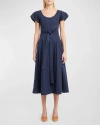 ULLA JOHNSON RHEA PUFF-SLEEVE BELTED MIDI POPLIN DRESS