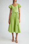 Ulla Johnson Rhea Tie Waist Puff Sleeve Midi Dress In Lichen