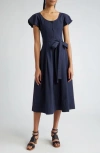 ULLA JOHNSON RHEA TIE WAIST PUFF SLEEVE MIDI DRESS