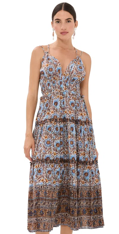 Ulla Johnson Rosa Mixed Print Tiered Cotton Blend Midi Dress In Caspia