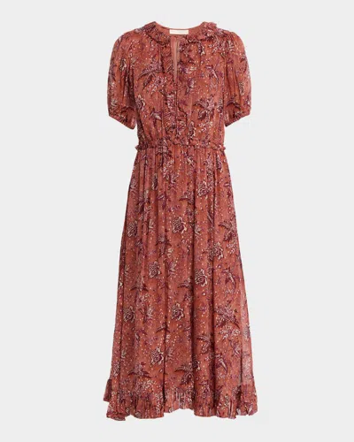Ulla Johnson Rosamunde Puff-sleeve Ruffle Chiffon Midi Dress In Pink