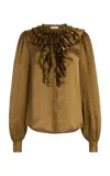 Ulla Johnson Rouen Ruffled Silk Top In Olive