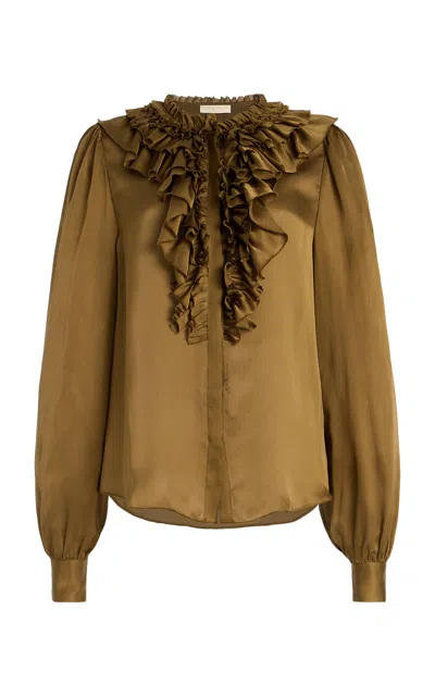 Ulla Johnson Rouen Ruffled Silk Top In Olive