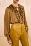 Ulla Johnson Rouen Silk Ruffle Front Blouse In Willow In Brown