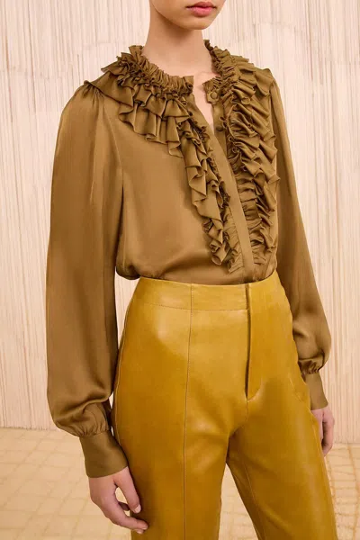 Ulla Johnson Rouen Silk Ruffle Front Blouse In Willow In Brown