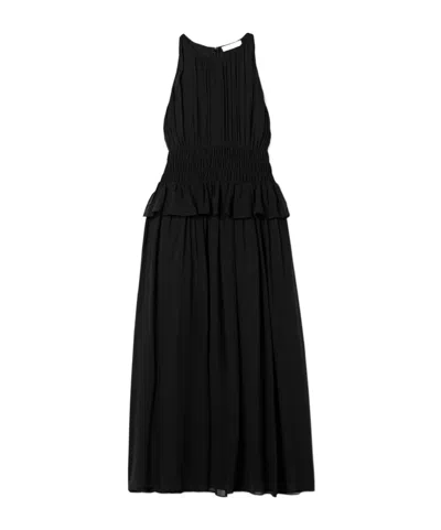 Ulla Johnson Adeline Shirred Silk Crepe De Chine Peplum Midi Dress In Black