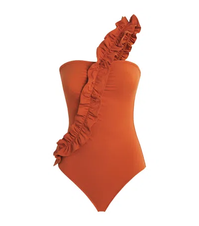 Ulla Johnson Ruffle Capri Asymmetric Swimsuit In Orange