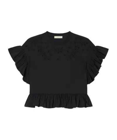 Ulla Johnson Ruffled Embroidered Round Neck Short Sleeve In Blue