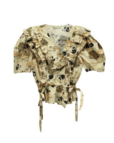 Pre-owned Ulla Johnson Ruffled Floral Print Wrap Blouse In Beige Cotton In Multi
