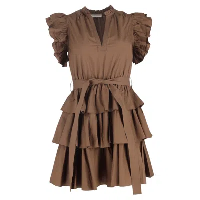 Ulla Johnson Ruffled V-neck Mini Dress In Brown Cotton