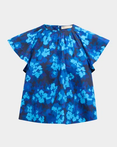 Ulla Johnson Rumi Floral Flutter-sleeve Top In Azure