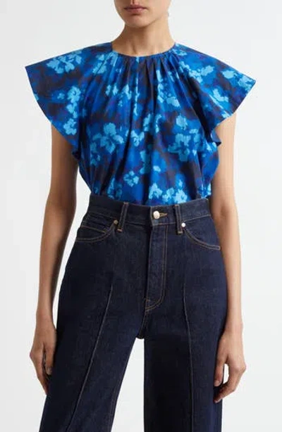 Ulla Johnson Rumi Print Flutter Sleeve Top In Blue