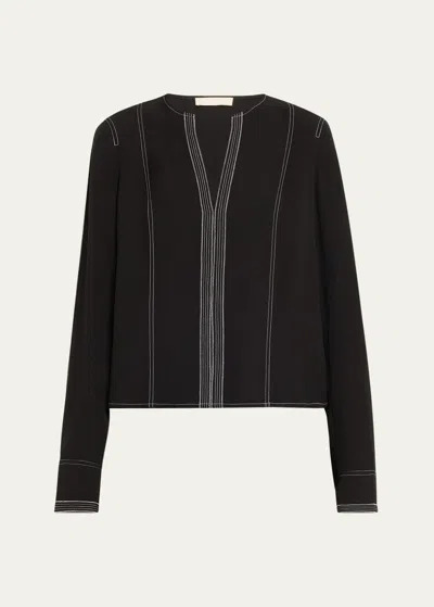 Ulla Johnson Safi Split-neck Topstitched Blouse In Noir