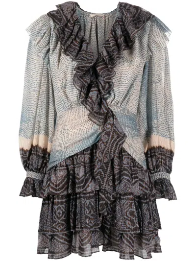 Ulla Johnson Sara Long Sleeve V-neck Layered Skirt Ruffle Mini Dress In Moonstone In Pink