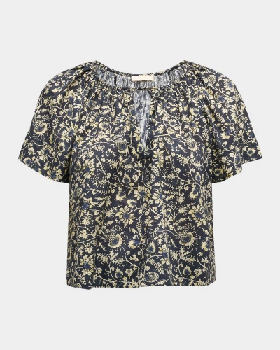 Ulla Johnson Sena Printed Short-sleeve Top In Raven