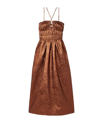 Ulla Johnson Seraphina Shirred Metallic Crinkled-taffeta Midi Dress In Brown