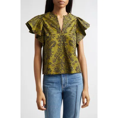 Ulla Johnson Severine Floral Cotton Flutter Sleeve Top In Olive Flora