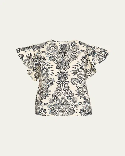 ULLA JOHNSON SEVERINE FLORAL FLUTTER-SLEEVE BLOUSE