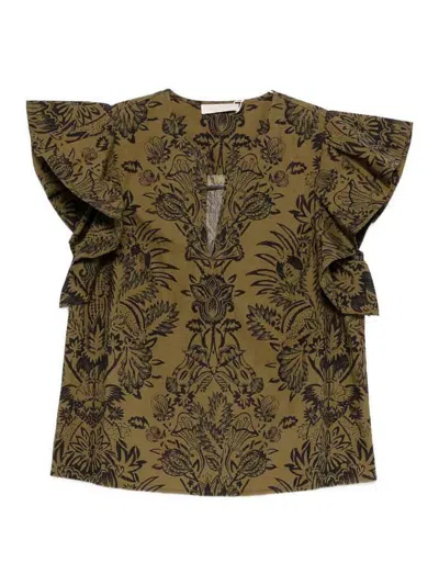Ulla Johnson Severine Floral Cotton Flutter Sleeve Top In Green
