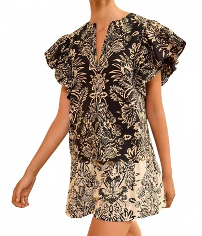 ULLA JOHNSON SEVERINE FLUTTER SLEEVE TOP IN NOIR FLORA