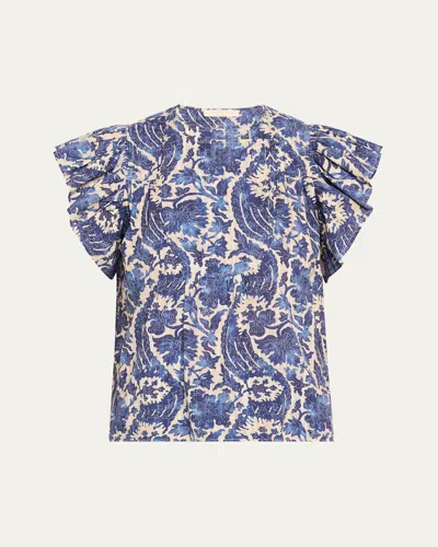 Ulla Johnson Sienna Flutter-sleeve Blouse In Blue