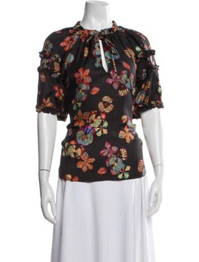 Pre-owned Ulla Johnson Silk Floral Print Blouse In Black