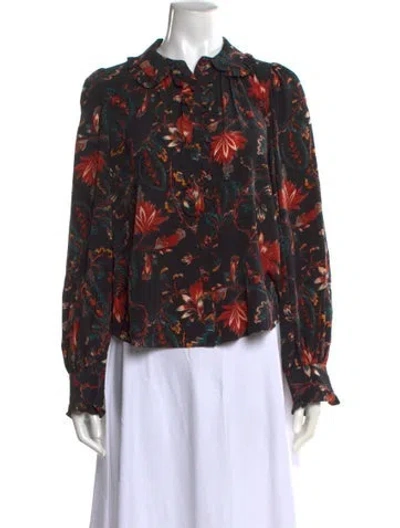 Pre-owned Ulla Johnson Silk Floral Print Blouse In Black