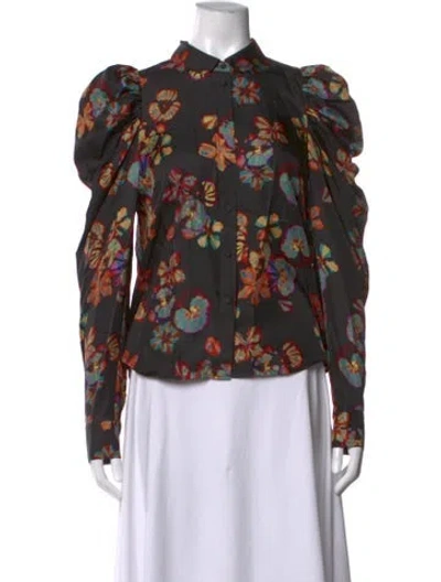 Pre-owned Ulla Johnson Silk Floral Print Blouse In Black