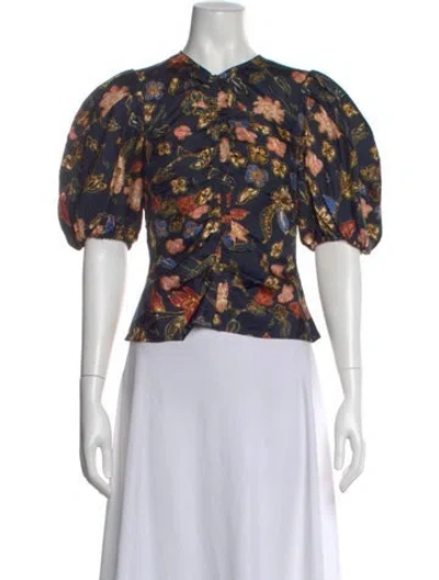 Pre-owned Ulla Johnson Silk Floral Print Blouse In Blue