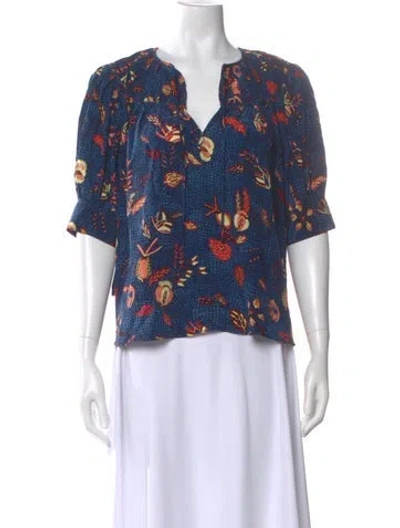 Pre-owned Ulla Johnson Silk Floral Print Blouse In Blue
