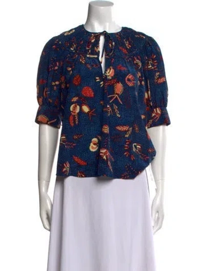 Pre-owned Ulla Johnson Silk Floral Print Blouse In Blue