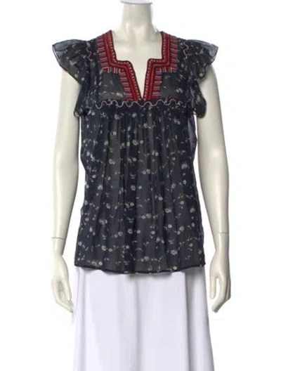 Pre-owned Ulla Johnson Silk Floral Print Blouse In Blue