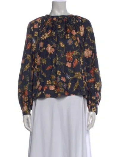 Pre-owned Ulla Johnson Silk Floral Print Blouse In Blue