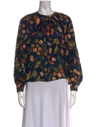 Pre-owned Ulla Johnson Silk Floral Print Blouse In Blue
