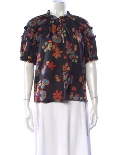 Pre-owned Ulla Johnson Silk Floral Print Blouse In Blue