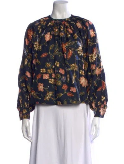 Pre-owned Ulla Johnson Silk Floral Print Blouse In Blue