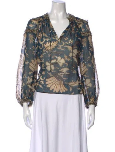Pre-owned Ulla Johnson Silk Floral Print Blouse In Blue