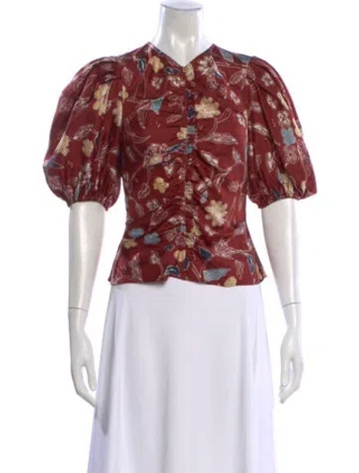 Pre-owned Ulla Johnson Silk Floral Print Blouse In Brown