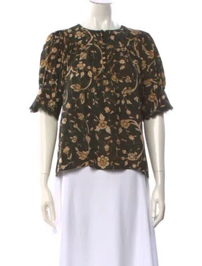 Pre-owned Ulla Johnson Silk Floral Print Blouse In Green