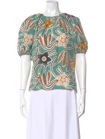 Pre-owned Ulla Johnson Silk Floral Print Blouse In Green