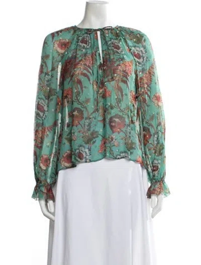 Pre-owned Ulla Johnson Silk Floral Print Blouse In Green