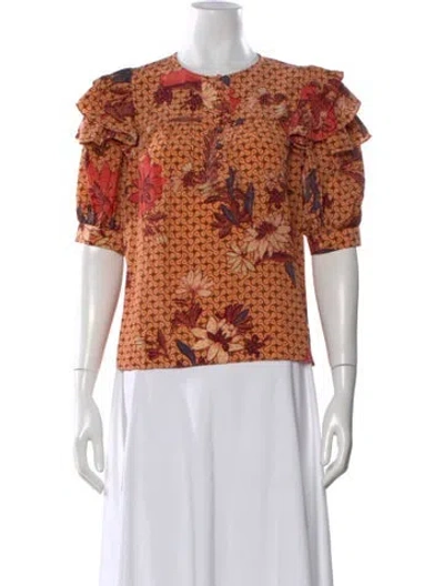 Pre-owned Ulla Johnson Silk Floral Print Blouse In Orange