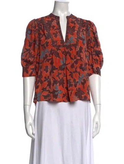 Pre-owned Ulla Johnson Silk Floral Print Blouse In Orange