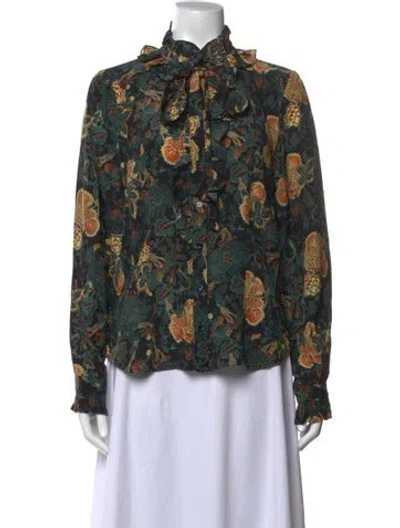 Pre-owned Ulla Johnson Silk Floral Print Blouse W/ Tags In Green