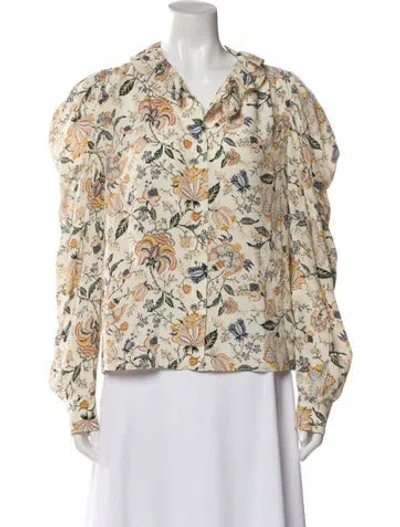 Pre-owned Ulla Johnson Silk Floral Print Blouse In White