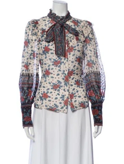 Pre-owned Ulla Johnson Silk Floral Print Blouse In White