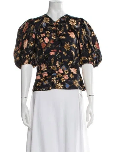 Pre-owned Ulla Johnson Silk Floral Print Blouse In White