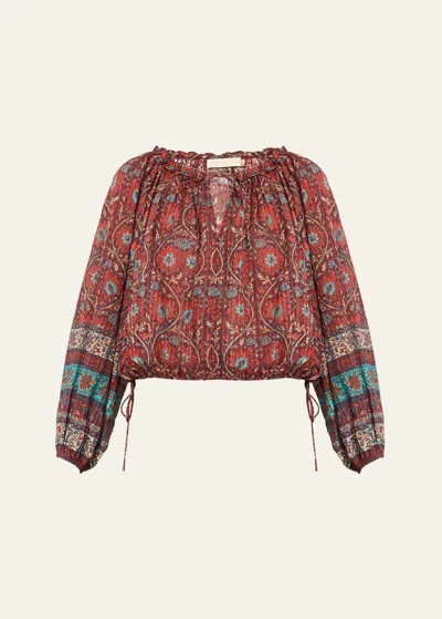Ulla Johnson Silva Puff-sleeve Split-neck Peasant Blouse In Red