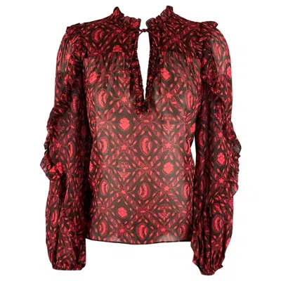 Pre-owned Ulla Johnson Size 2 Red Black Silk Abstract V-neck Casual Top