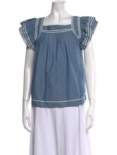 Pre-owned Ulla Johnson Square Neckline Short Sleeve Blouse In Blue